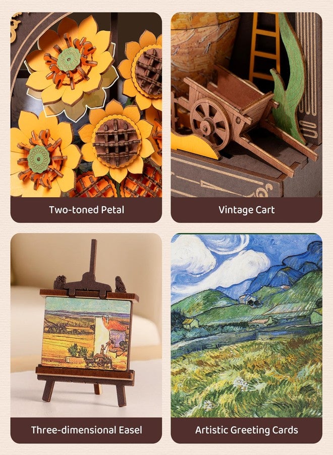 Wowood 3D Wooden Puzzles for Adults - Van Gogh Golden Sunflower DIY Model Building Kits with LED Light - Home Decor, Wall Art & Unique Creative Gifts for Art Lovers - Image 4